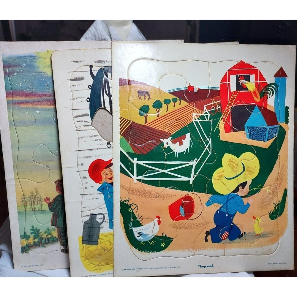 Lot of 3 Playskool Jesus & Children, Horse Theme, Farm Barn Tray Puzzle Vintage